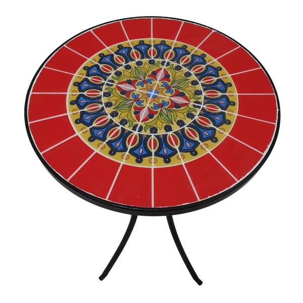 HOTEBIKE 14 in. Round Red Mosaic Outdoor Side Table with
