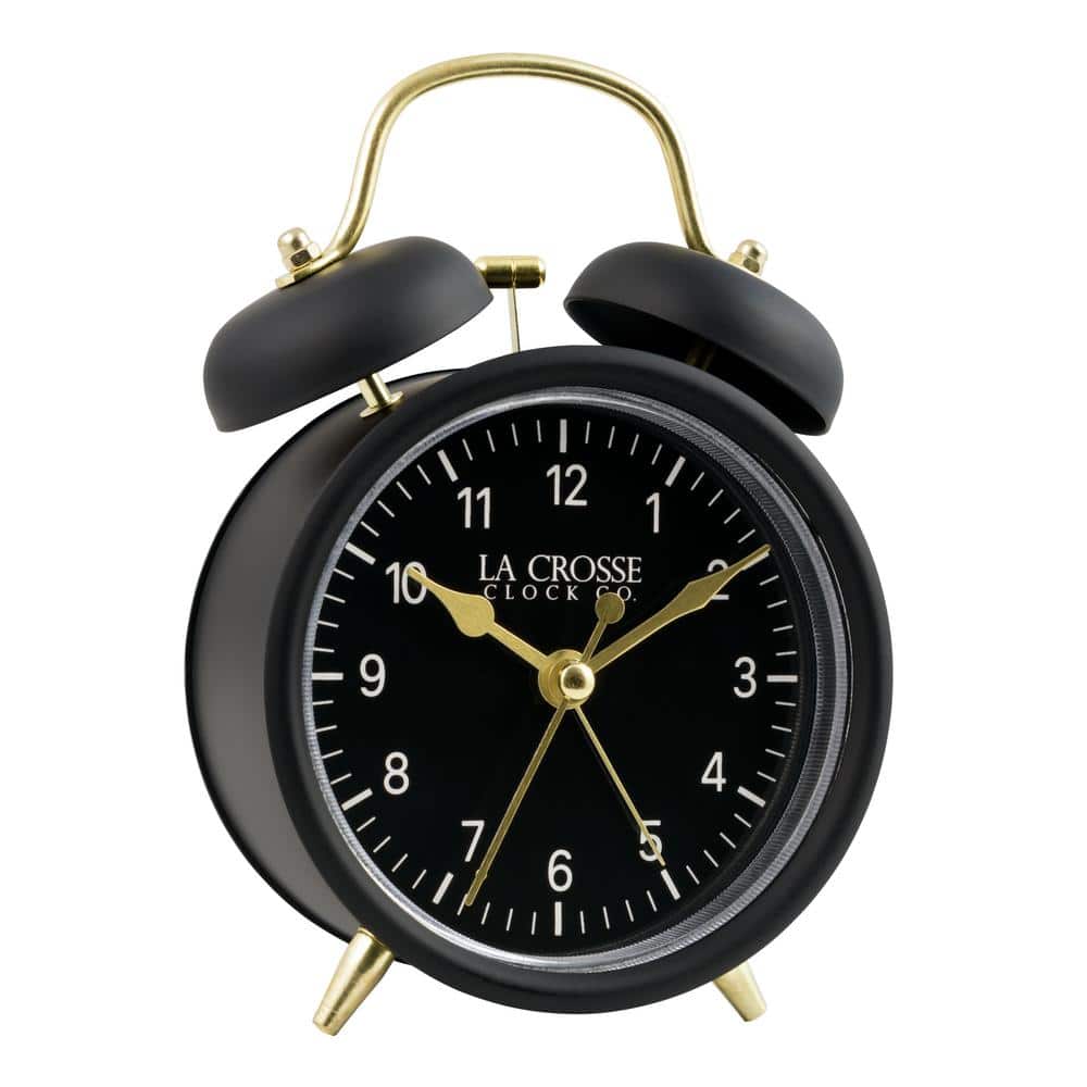 Black Twin Bell Quartz Analog Alarm Clock with Gold Accents