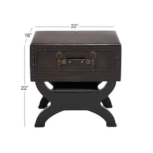 16 in. Brown Vintage Faux Leather Single Drawer Large Square Wood End Table with Curved Style Leg Stand