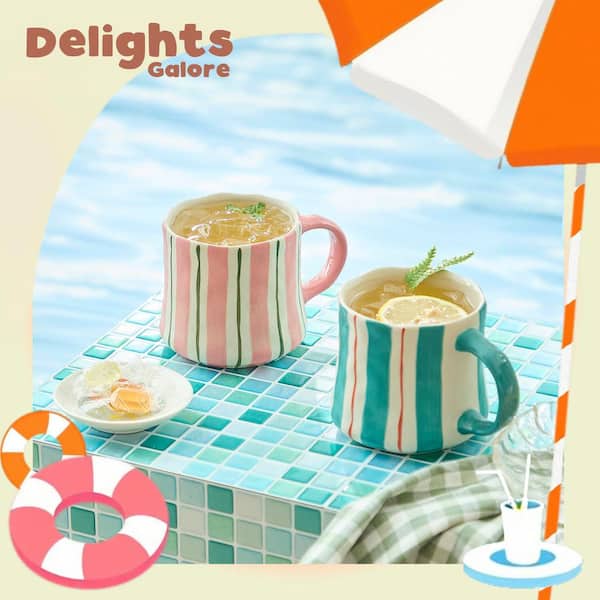 Numhew 12 oz. Multicolor Striped Ceramic Coffee Mug Set for Summer Iced Drinks and Latte, Mug Gift Set for Office (Set of 2)
