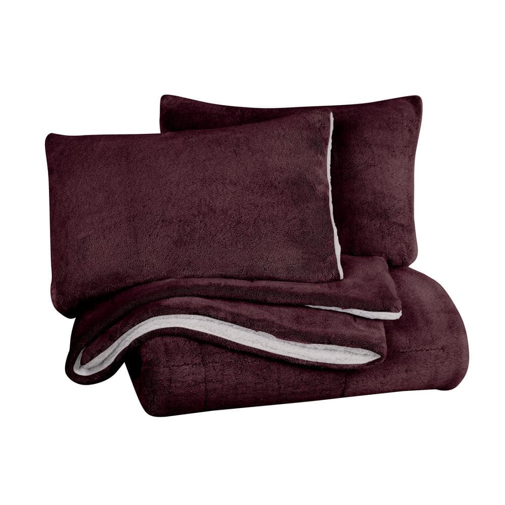 Wine Faux Fur and Sherpa Reversible Full Comforter Set