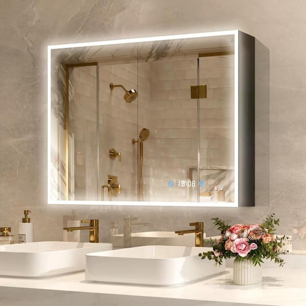 48 in. W x 36 in. H Black Rectangular Aluminum Dimmable Flowing LED Light Surface Mount Medicine Cabinet with Mirror