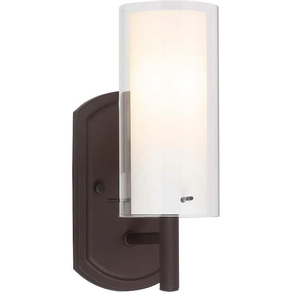 Volume Lighting Regina 1-Light 4.25 in. Antique Bronze Bathroom Vanity Wall Sconce Mount Outer Clear & Inner White Glass Cylinder Shades