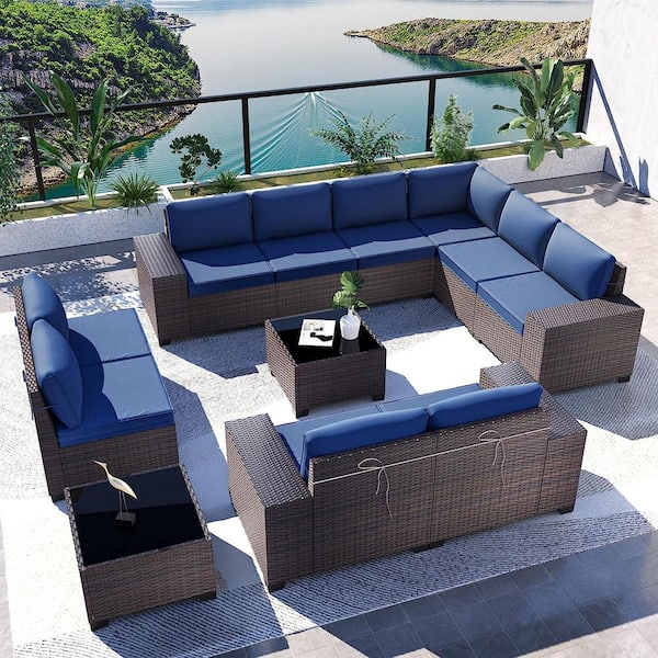 Halmuz 12-Piece Brown Wicker Outdoor Sectional Set with Glass Coffee Table and Navy Blue Cushions, Patio Chat