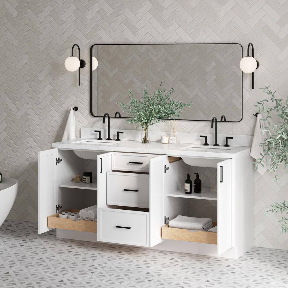 White Solid Wood Double Sink Bathroom Vanity with Carrara Quartz Top