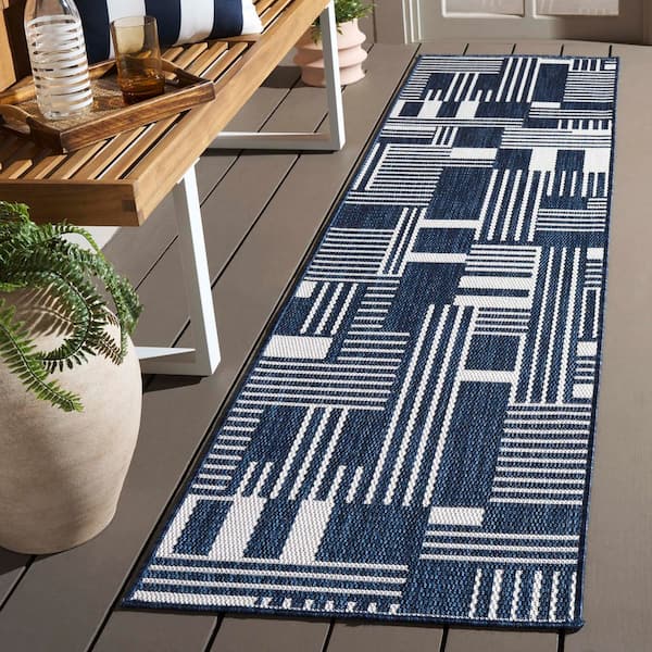 Beach House Navy/Ivory 2 ft. x 8 ft. Geometric Solid Striped Indoor/Outdoor Runner Rug