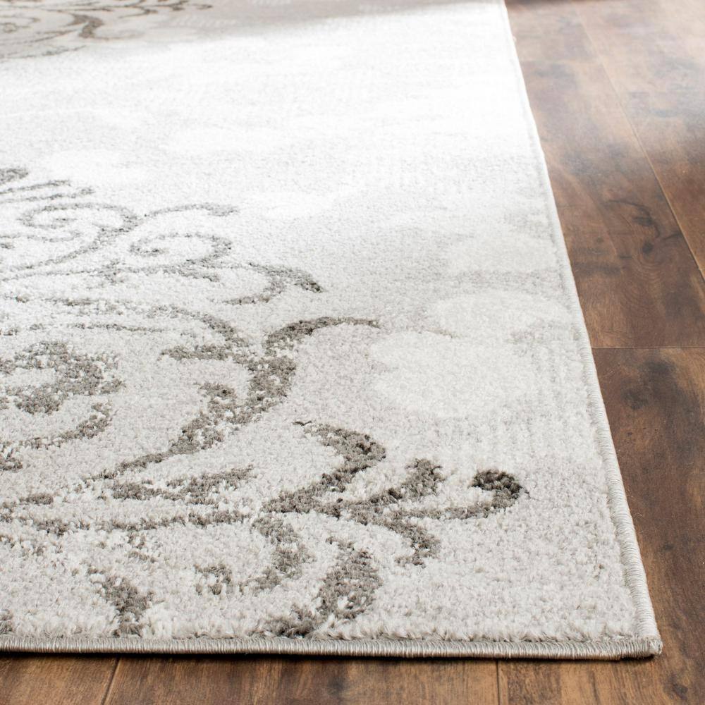 Silver and Ivory Floral Damask Square Area Rug, 12' x 12'