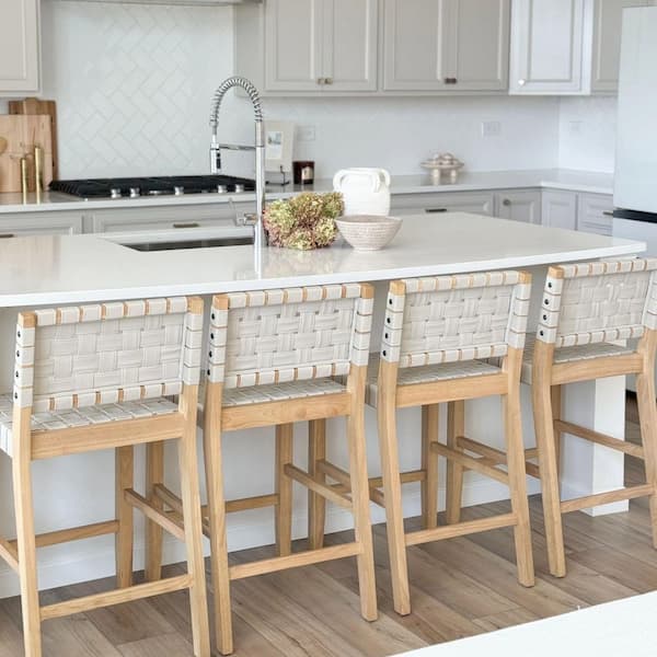 Cohen 24 in. Off White Upholstered Back Solid Wood Frame Counter Stool with Woven Faux Leather Seat (Set of 4)