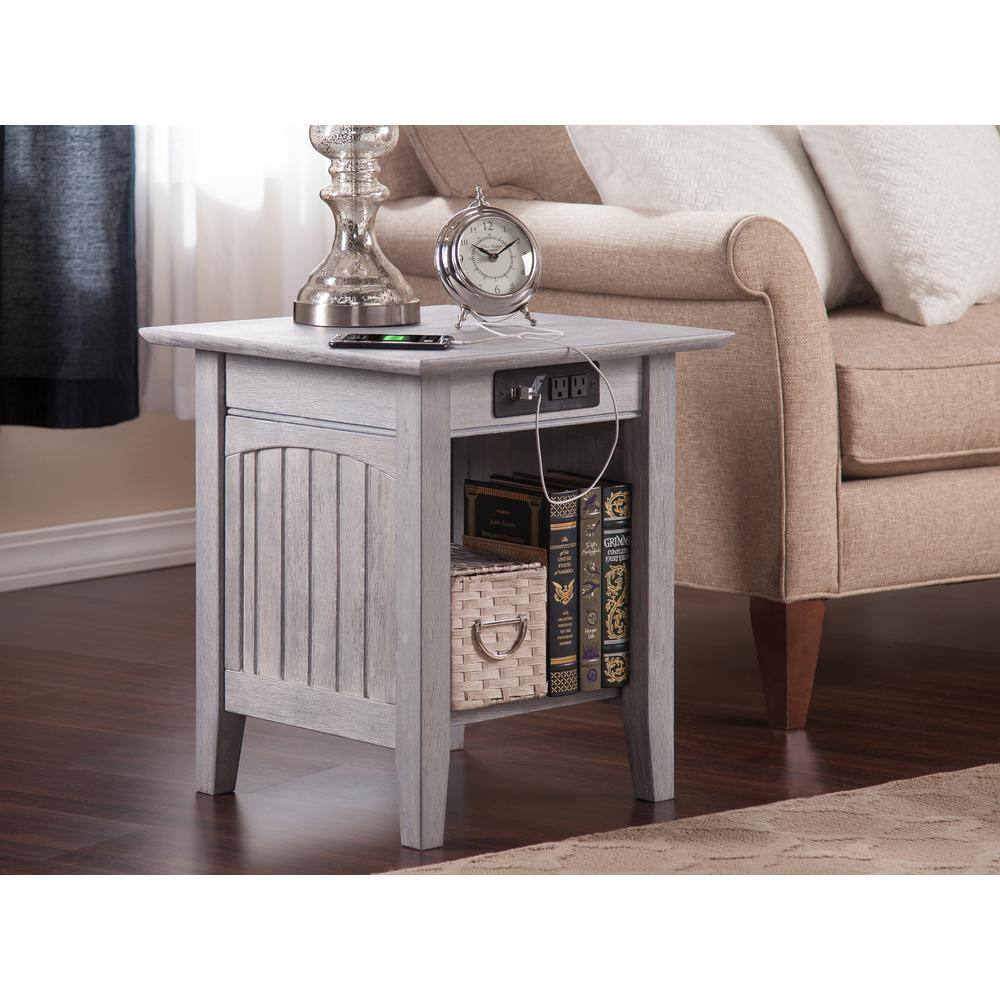 Driftwood Grey Eco-Friendly Hardwood End Table with Charging Station