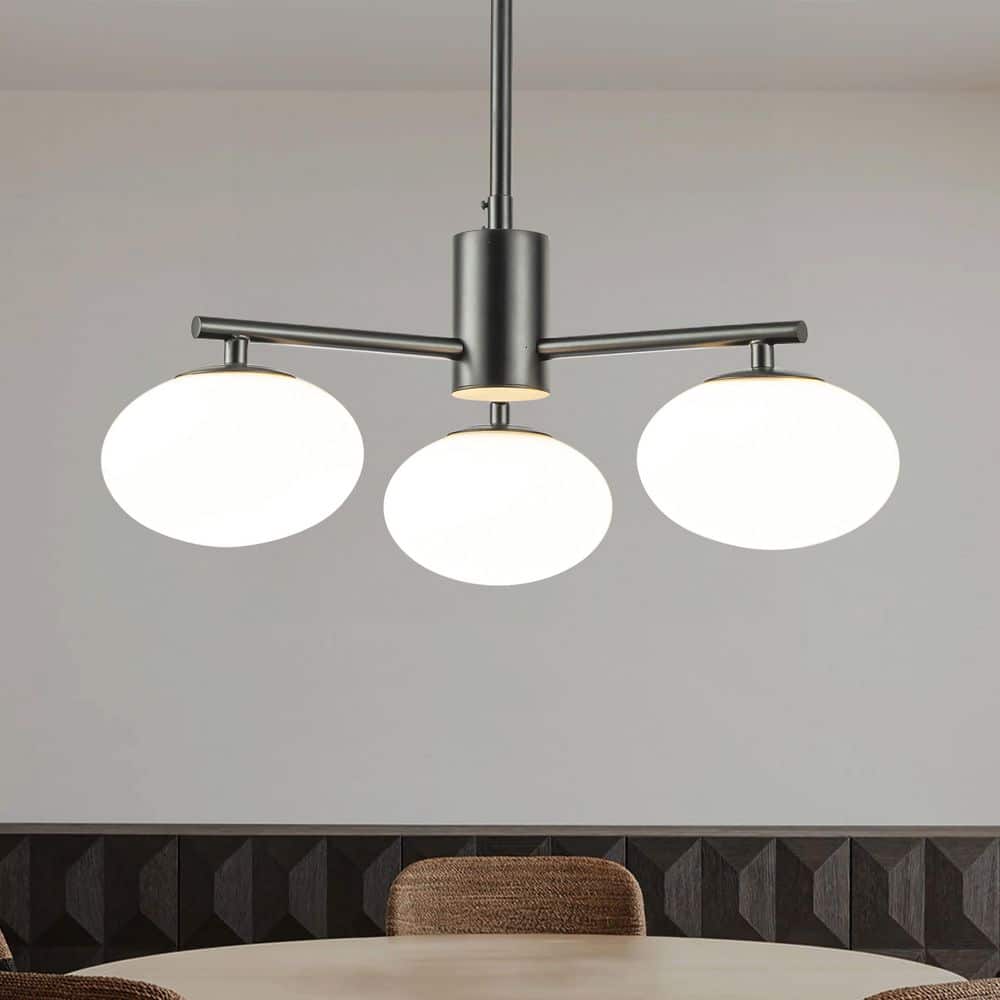 3-Light W 20 in. Matte Black Mid Century Modern Globe Chandelier with Opal 
