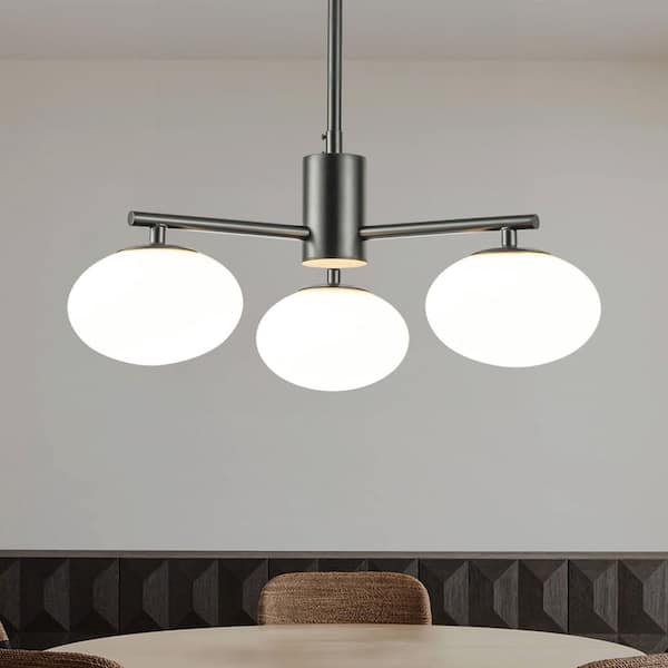 ALOA DECOR 3-Light W 20 in. Matte Black Mid Century Modern Globe Chandelier with Opal Glass Shade for Dining Room