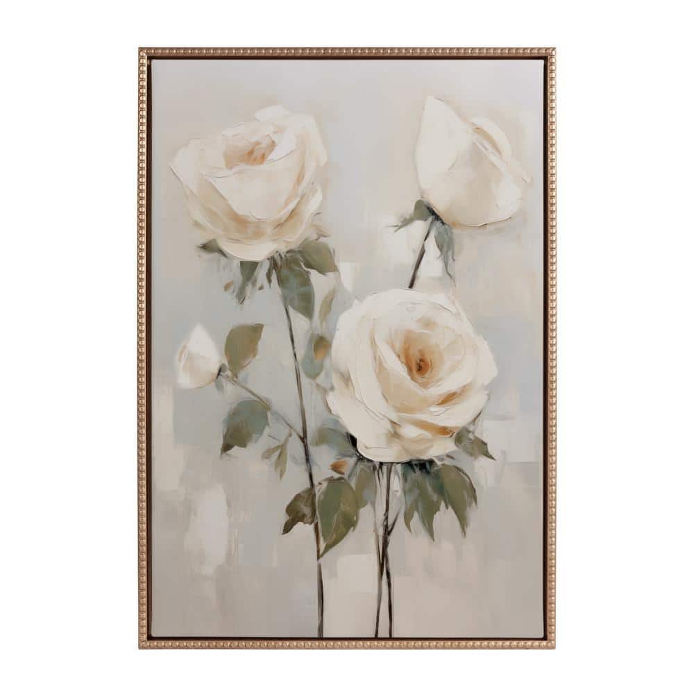 Gold Beaded Frame Soft White Roses Canvas Wall Art 23x33