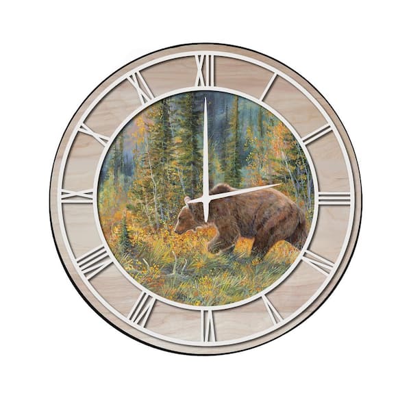 Unbranded "The Grizzly Walk" Woodgrain Accent and White Numbers Imaged Wall Clock