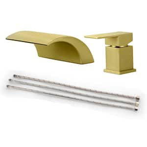 Single-Handle Waterfall Deck-Mount Roman Tub Faucet with 2-Hole Brass Bathtub Faucets in Brushed Gold