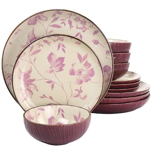 Vineland Floral 12 Piece Stoneware Dinnerware Set in Purple