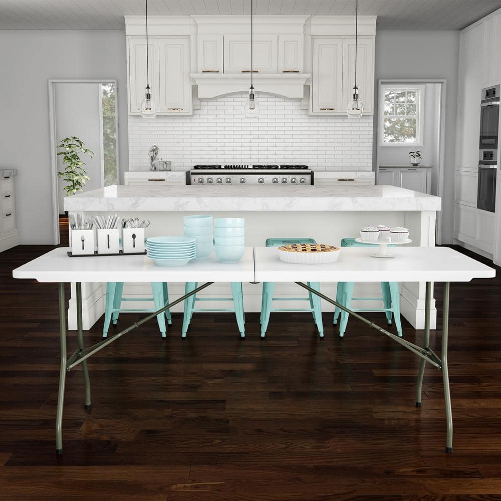 6-Foot White Plastic Folding Utility Table with Metal Frame