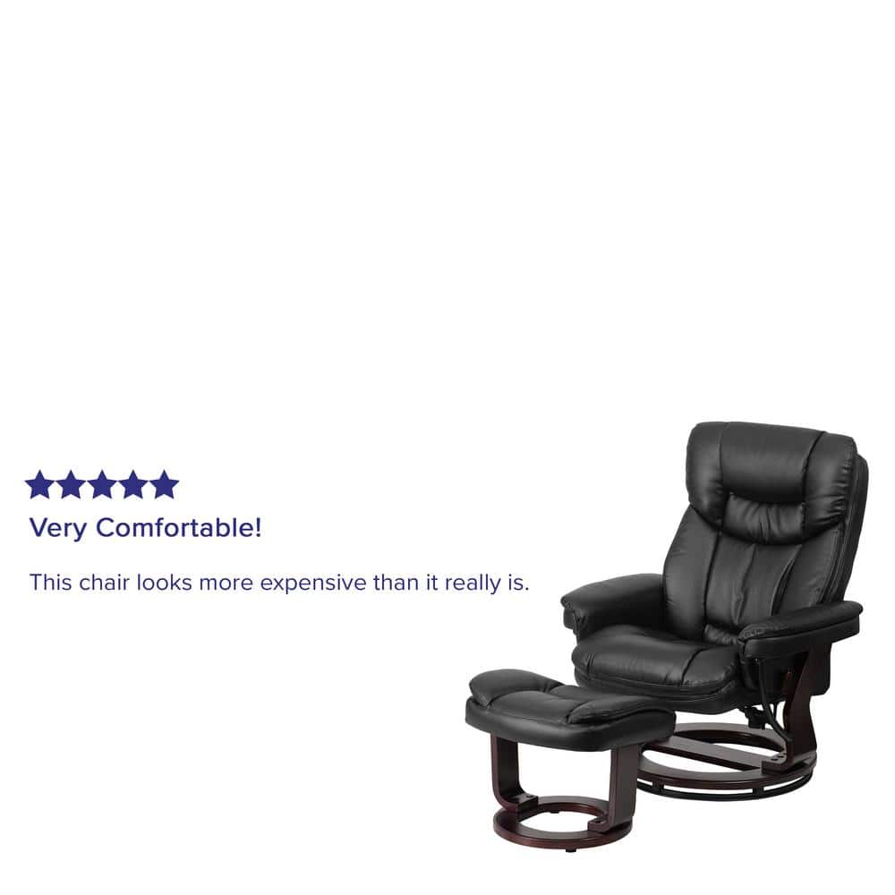Sustainably Sourced Black Leather Swivel Recliner with Mahogany Wood Base