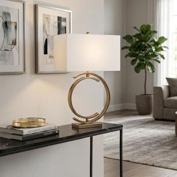 30 in. Bronze Metal Half-Circle Base Table Lamp with White Fabric Shade