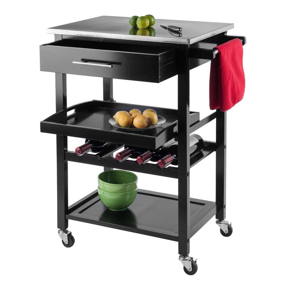 Black Stainless Steel Top Kitchen Cart with Wine Rack