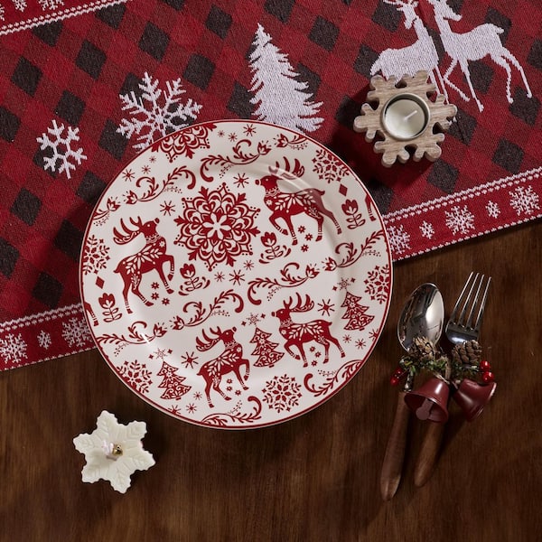 Holly Jolly Dinner Plates, 11 in. Red Ceramic Plates for Pasta and Steak, Gift for Housewarming and Christmas (Set of 4)