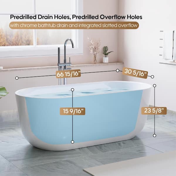 67 in. Oval Pure Virgin Acrylic Flatbottom Freestanding Soaking Bathtub in White with Drain and Overflow Included