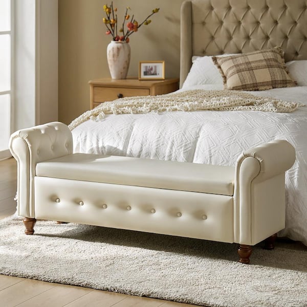JAYDEN CREATION Sandra Ivory 63 in. W Upholstered Storage Bedroom Bench with Solid Wood Legs