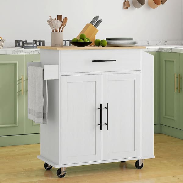FAMYYT Rolling White Wood Top 30 in. Kitchen Island with Outlets, USB Ports and Adjustable Shelf