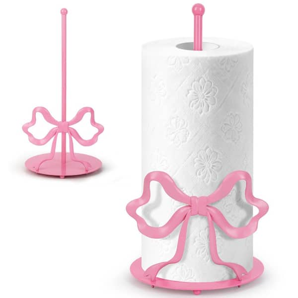 Pink Bow Paper Towel Holder with 3D Metal Bow Design Slim Countertop Roll Rack for Kitchen Bathroom RV