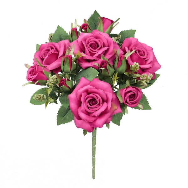 LIVING LUXURY 13 in. Petite Fuchsia Artificial Tea Rose Flower Stem Bush Bouquet (Set of 4)