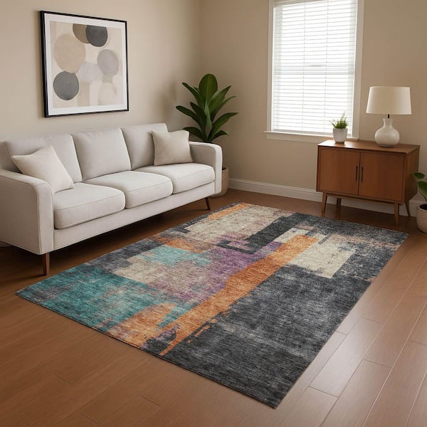 Mayfield Premium Machine Washable Abstract AMF1779 Charcoal 3 ft. x 4 ft. Area Rug