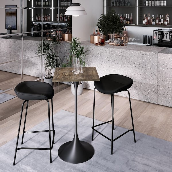 Verve 24 in. Wide Square Bar Height Dining Table MDF Wood Tabletop in Black Stainless Steel Pedestal Base in Dark Maple