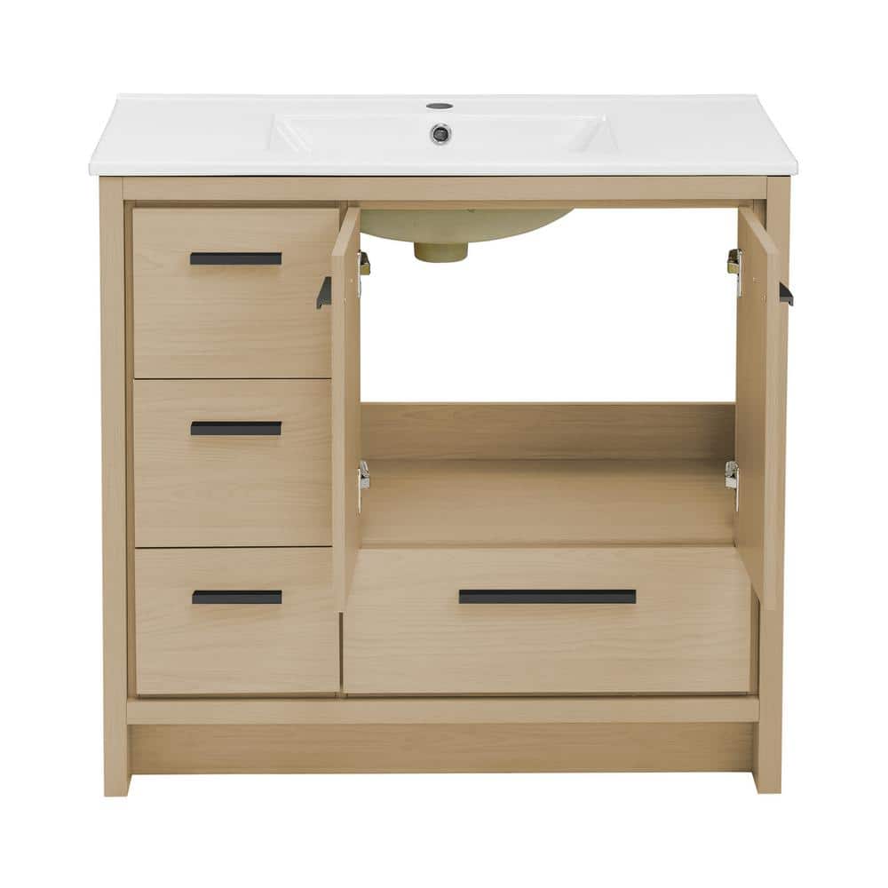 Virage 36" Light Oak MDF Freestanding Bathroom Vanity with Ceramic Top