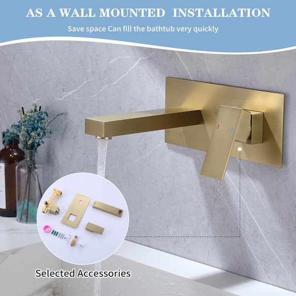 1-Handle Wall Mount Roman Tub Faucet with Waterfall Spout in Brushed Gold