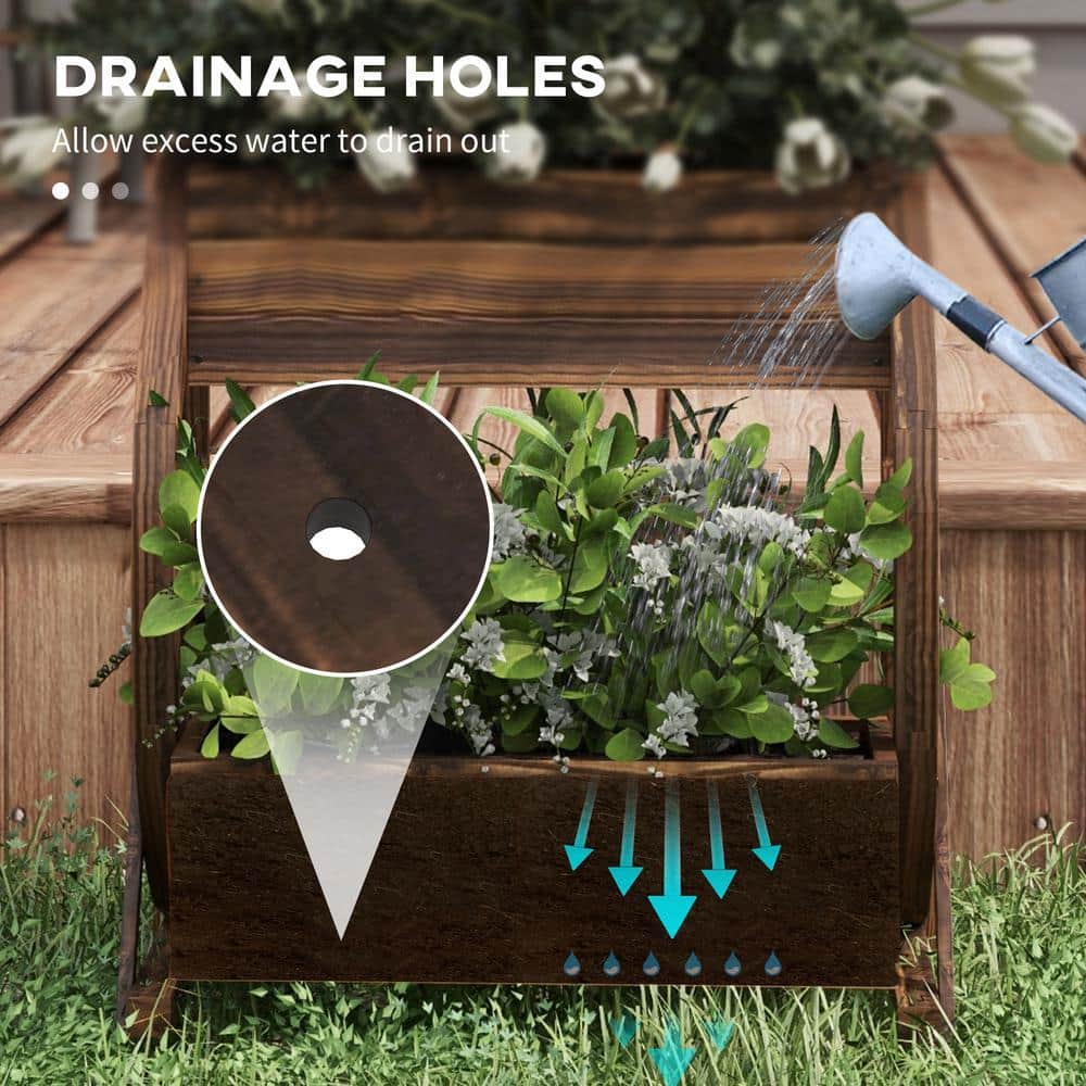 Rustic Dark Brown Wooden Wagon Wheel Planter Box