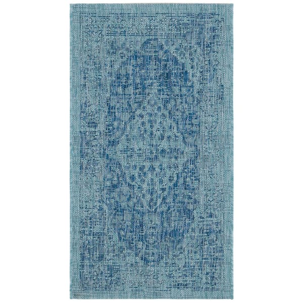 Courtyard Navy/Aqua 2 ft. x 4 ft. Medallion Border Indoor/Outdoor Area Rug