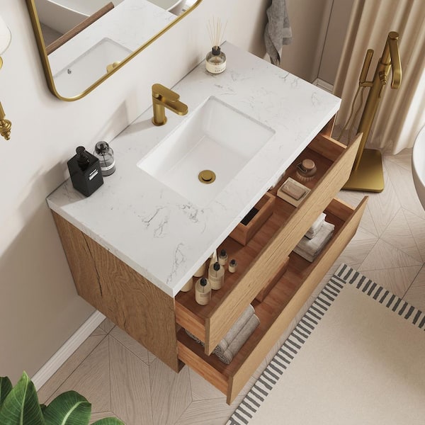 Aeroline 36in. W x 19.29in. D x 25.59in. H Single Sink Float Natural Oak Bath Vanity with Sar White Engineered Stone Top