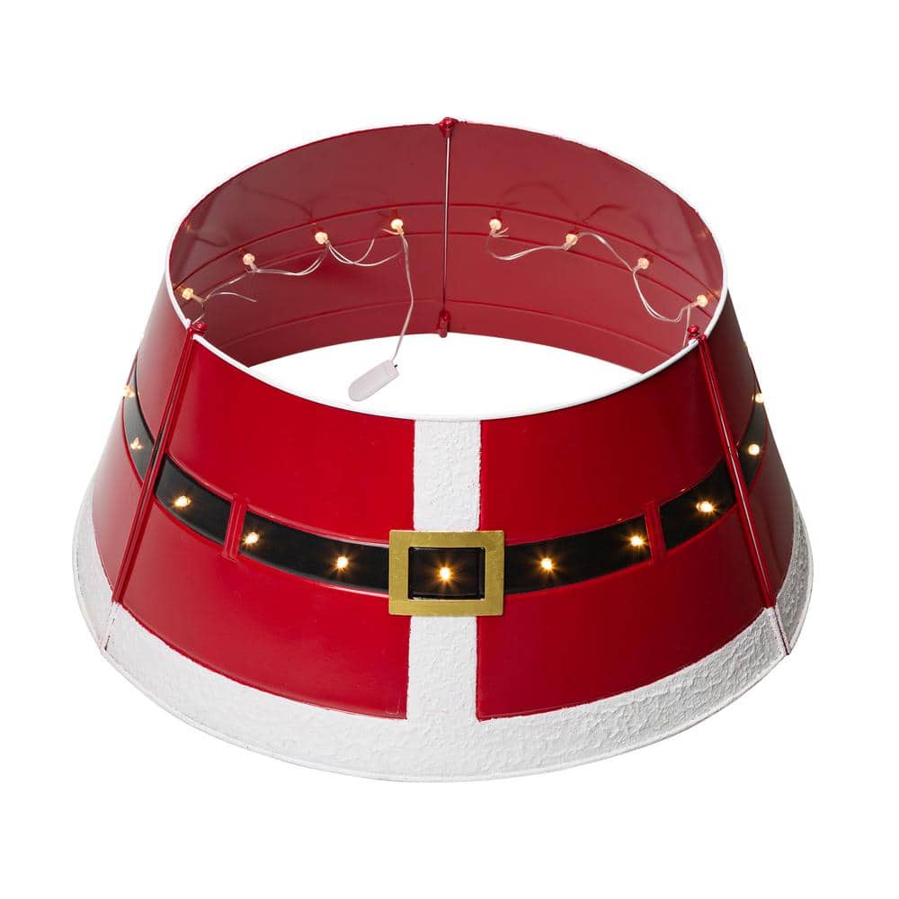 Glitzhome 22 in. D Red Metal Santa Belt Tree Collar with Light String (KD) 2010600018 The Home