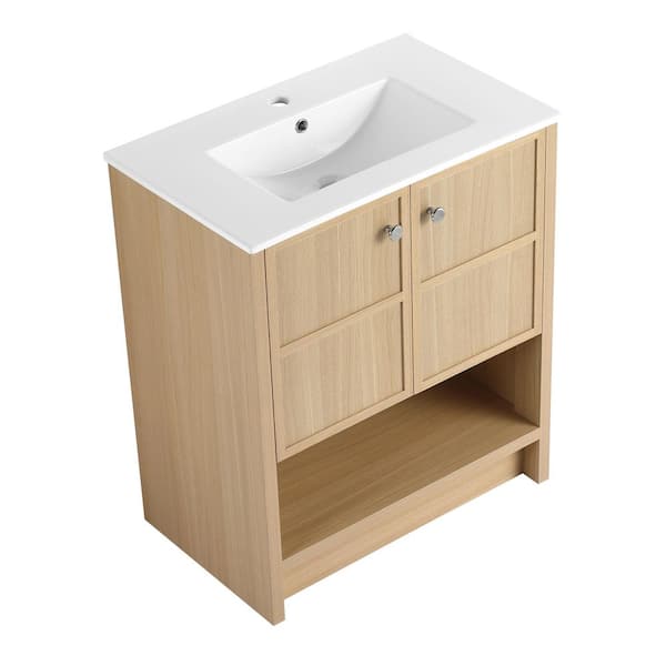 30 in. Single-Sink Freestanding Oak Bath Vanity with White Ceramic Top and 2-Soft Closing Door