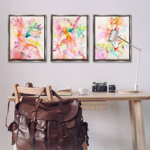 Abstract Florals & Paint Drip by Gemma Bardot 3 Piece Gray Floater Frame Abstract Graphic Art Print 31 in. x 25 in.