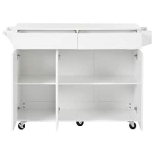 White Wood 53.15 in. Kitchen Island on Wheels with Drop Leaf, Spice Rack, Towel Rack and 2 Drawers