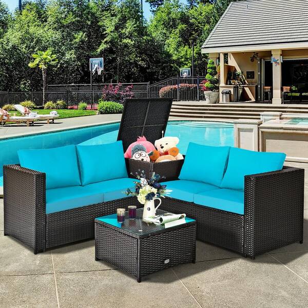 Liviza 4-Piece Outdoor Wicker Patio Conversation Set with Turquoise Cushions and Storage Box