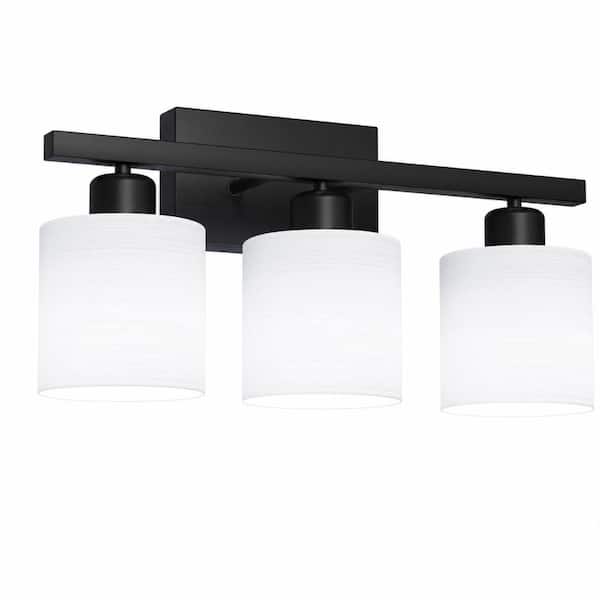 3-Light Matte Black Indoor Bathroom Vanity Light, Textured White Cylindrical Glass Shades, 18.7