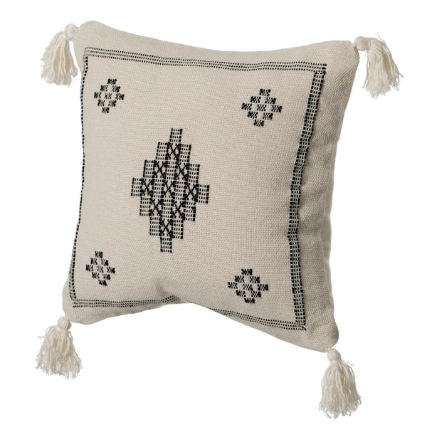 16 X 16 Ethnic Pure Rugged Textured Pure Hand loom Cotton Plain Hand Stitched Cushion/Pillow Cover With Tassels White