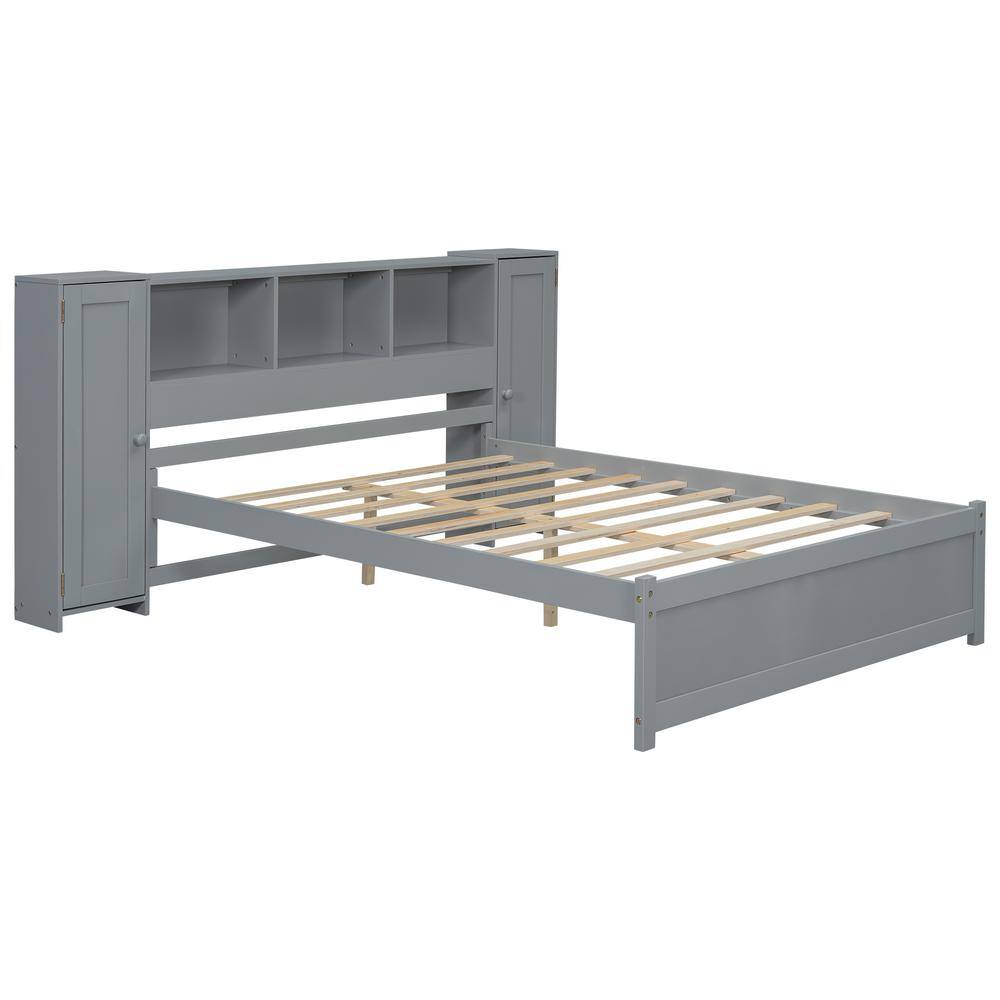 Gray Full Size Wood Platform Bed with Storage Headboard and Cabinets