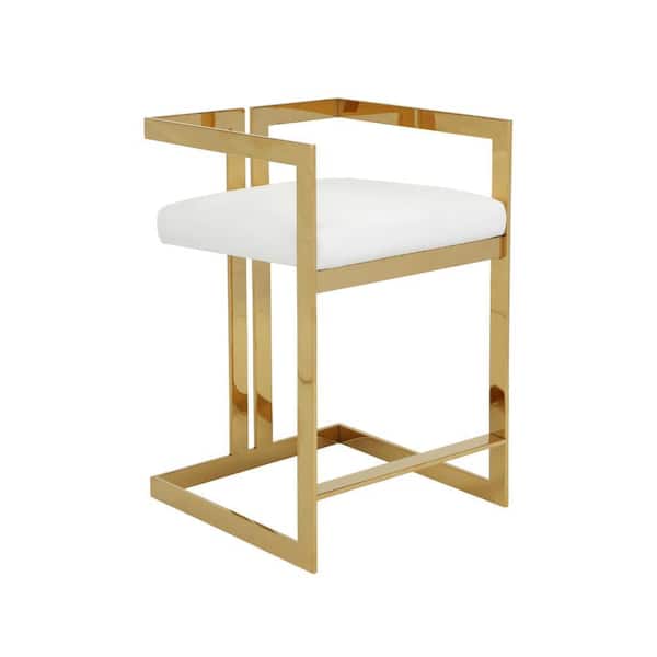 Benjara 25.5 in. White and Gold Low Back Metal Frame Bar Stool with Faux Leather Seat