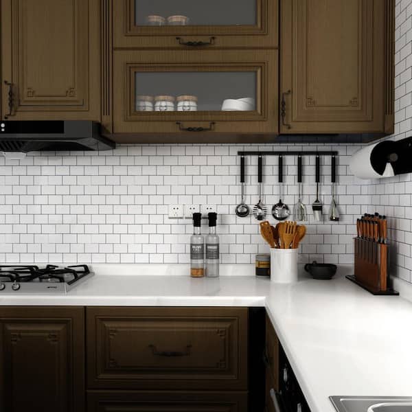 12 in. x 12 in. Premium Kitchen Backsplash Vinyl Peel and Stick Tile, White With Black Grout (10-Pack)