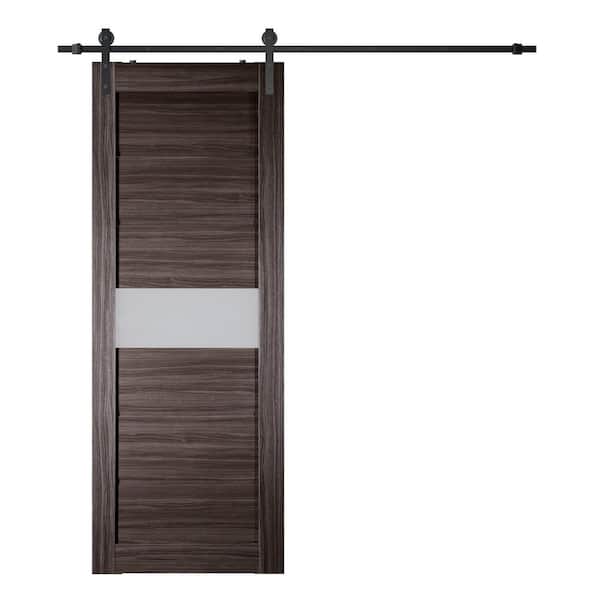 Belldinni Edna 32 in. x 80 in. 1-Lite Frosted Glass Gray Oak Wood Composite Sliding Barn Door with Hardware Kit