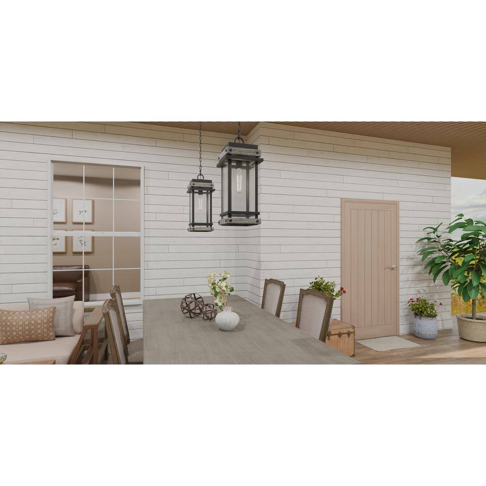 Matte Black Glass and Wood Outdoor Hanging Lantern