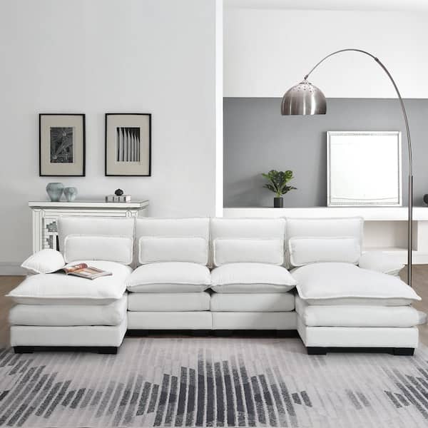 109.8 in. U-Shaped Velvet Sectional Sofa in White with Chaise Lounge and Waist Pillows