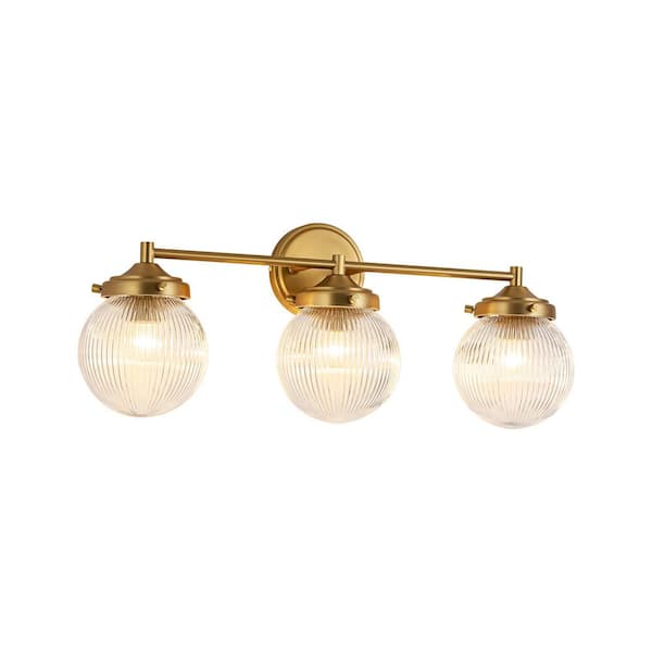 Roxanne 24.4 in. W 3-Light Brass Gold Modern Ribbed Glass Globe Bubble Bathroom Vanity Light over Mirror